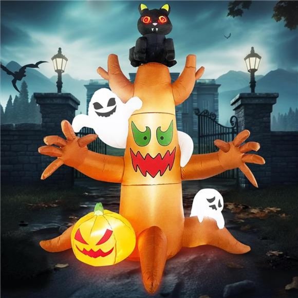 8 FT Halloween Inflatables Decorations Dead Tree with Glowing Red-Eyed Cat, LED